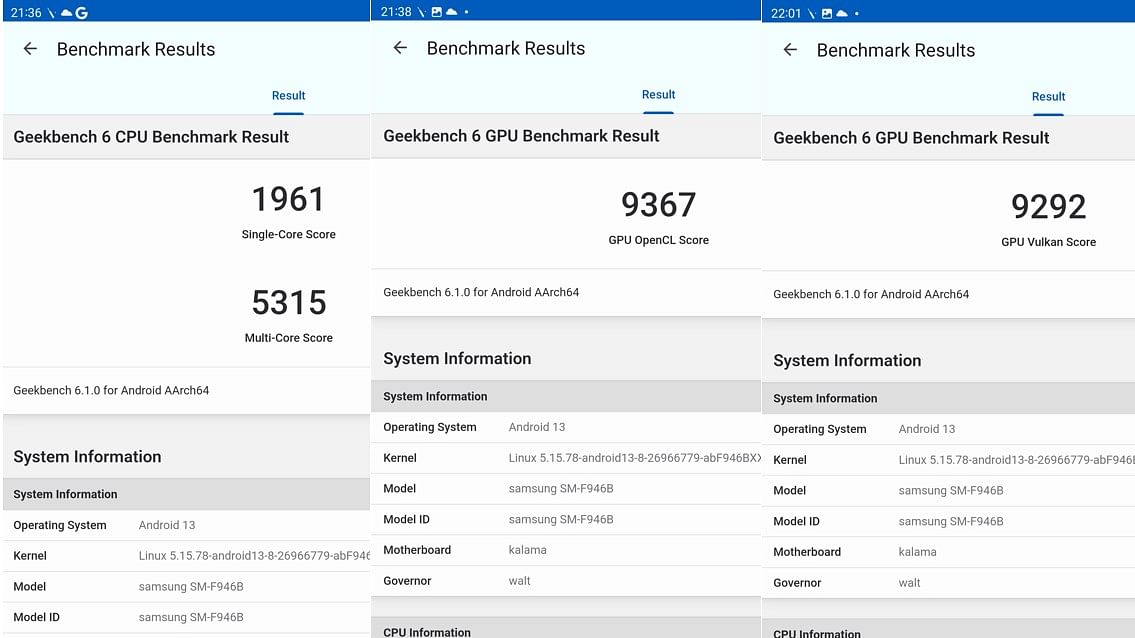 Samsung Galaxy Z Fold5' score on Geekbench performance app