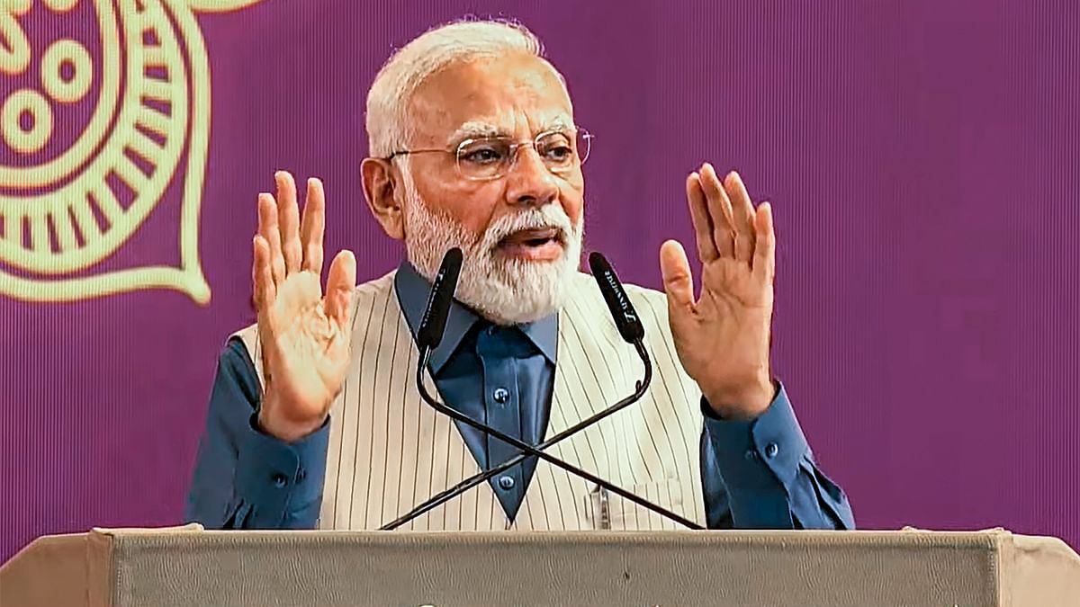 Prime Minister Narendra Modi speaks during the foundation stone laying ceremony of a memorial of Sant Ravidas, in Sagar. 