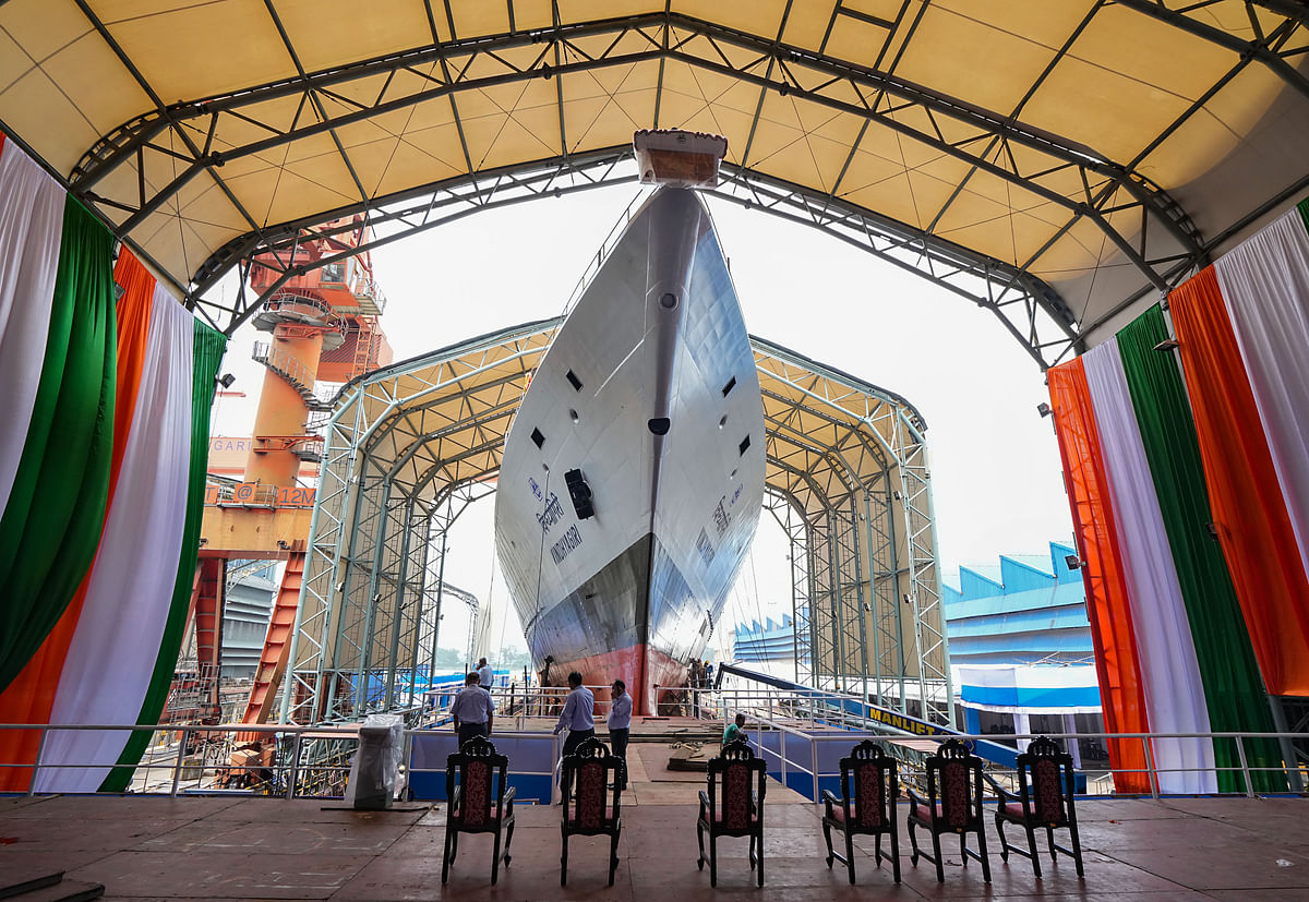 Kolkata: Preparations underway for the launch of the third stealth frigate for the Indian Navy, built by Defence PSU Garden Reach Shipbuilders and Engineers Limited (GRSE), in Kolkata, Monday, Aug. 14, 2023. President Murmu will launch the warship on August 17. 