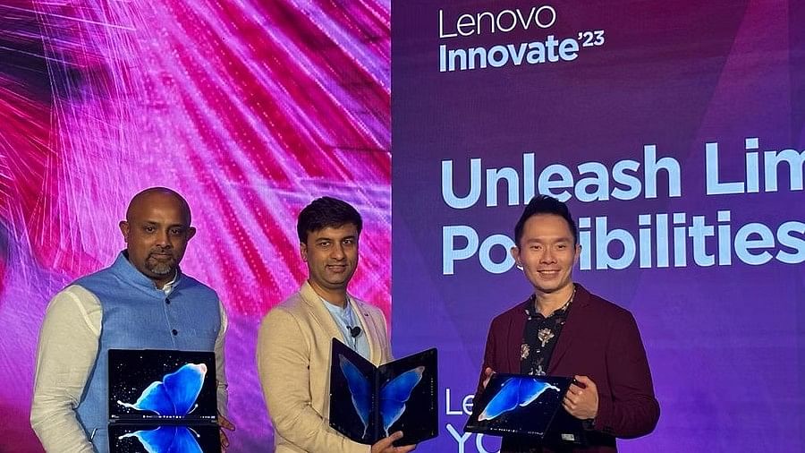 [From left to right] Dinesh Nair, Director-Consumer Business, Lenovo India Suyash Singh, Product Manager, Consumer Business, Lenovo India Gregory Beh, AP Category Manager, Lenovo at Lenovo Yoga Book 9i launch in New Delhi, July 25, 2023. 