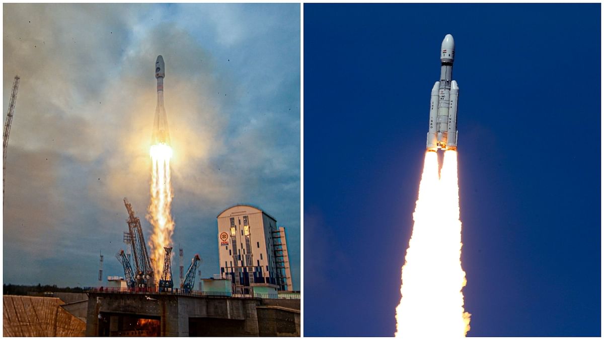A Soyuz-2.1b rocket booster with a Fregat upper stage and the lunar landing spacecraft Luna-25 blasts off from a launchpad at the Vostochny Cosmodrome Russia, August 11, 2023 (LEFT). ISRO's Launch Vehicle Mark-III (LVM3) M4 rocket carrying 'Chandrayaan-3' lifts off from the launch pad at Satish Dhawan Space Centre, in Sriharikota, Friday, July 14, 2023.