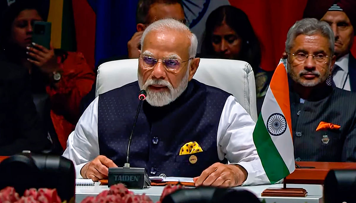 Prime Minister Narendra Modi addresses the plenary Session I of the 15th BRICS Summit in Johannesburg, Wednesday, Aug. 23, 2023.