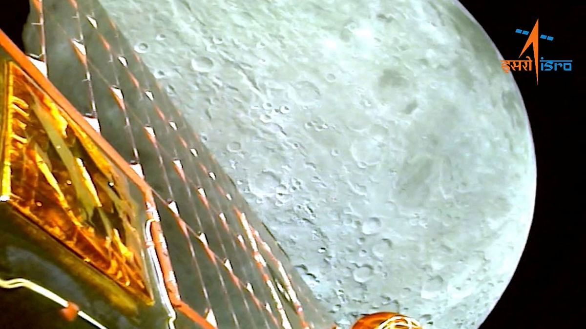 A view of the moon as viewed by the Chandrayaan-3 lander during Lunar Orbit Insertion. 