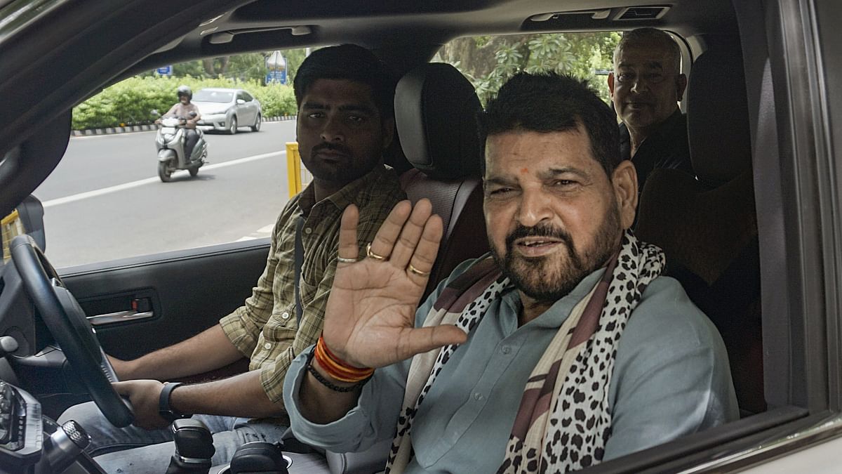 Ex-WFI chief and BJP MP Brij Bhushan Sharan Singh leaves from Rouse Avenue Court after a hearing, in New Delhi, Thursday, Aug 9, 2023.