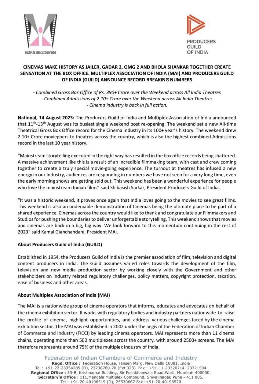 Joint statement by the Producers Guild of India (PGI) and the Multiplexes Association of India (MAI).