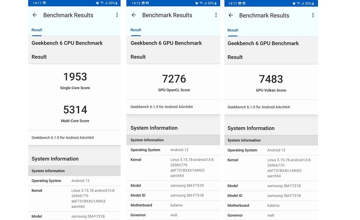 Samsung Galaxy Z Flip5's score on Geekbench 6.0 performance testing app.
