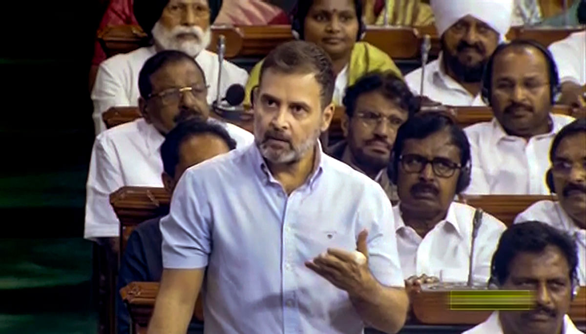 Congress MP Rahul Gandhi speaks on the Motion of No-Confidence in the Lok Sabha during the Monsoon session of Parliament, in New Delhi, Wednesday, Aug. 9, 2023.