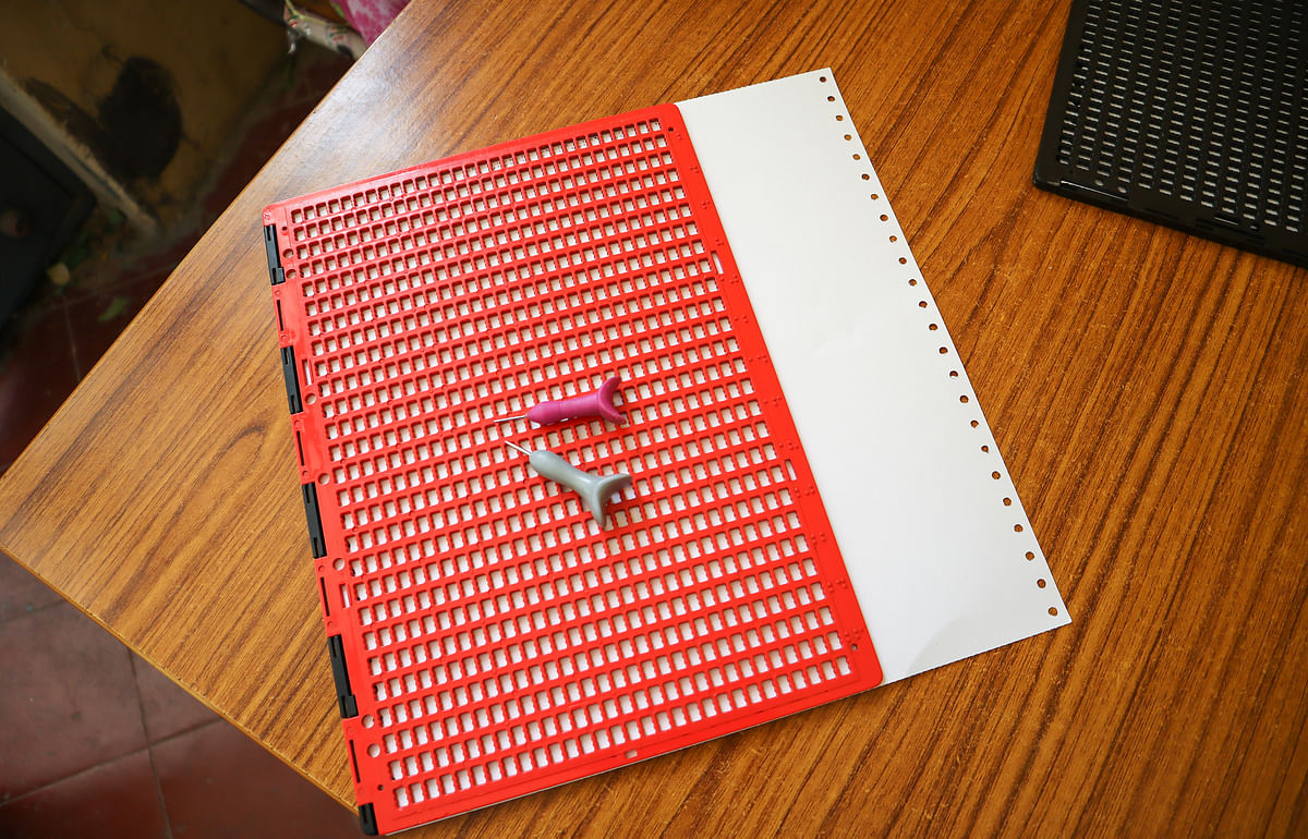 The Interpoint Braille slate and stylus used at the school in Mysuru.
