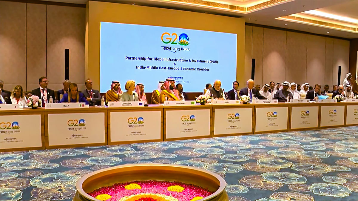 **EDS: IMAGE VIA @narendramodi** New Delhi: Prime Minister Narendra Modi with US President Joe Biden Crown Prince and Prime Minister of Saudi Arabia Mohammed bin Salman bin Abdulaziz Al Saud President of European Commission Ursula von der Leyen and other dignitaries at the Partnership for Global Infrastructure and Investment & India-Middle East-Europe Economics Corridor event during the G20 Summit 2023 in New Delhi Saturday Sep. 9 2023. (PTI Photo)(PTI09_09_2023_000401B)