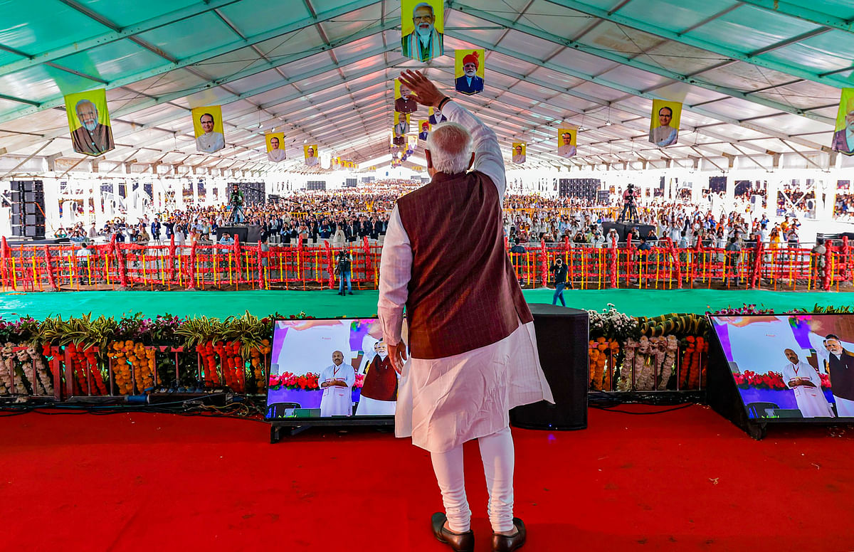 Prime Minister Narendra Modi during the foundation stone laying ceremony of petrochemicals complex at Bina refinery and other industrial projects, in Bina.