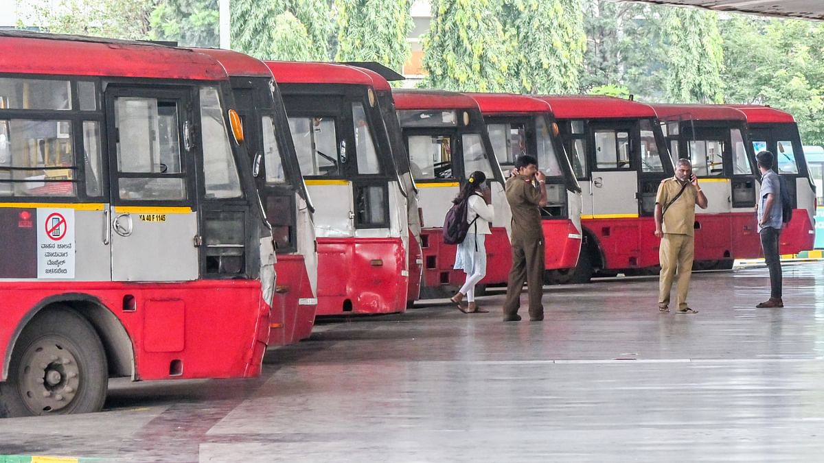 Buses parked at the satellite bus terminus in Bengaluru amid Bengaluru Bandh.