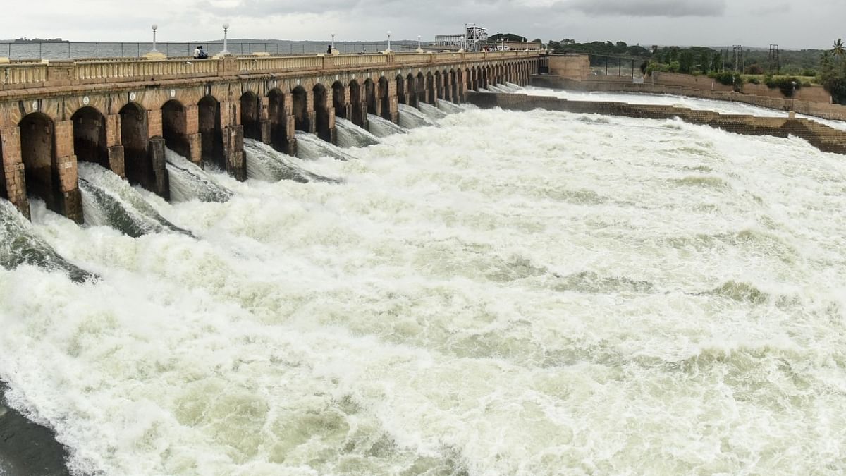 Water being released to River Cauvery from KRS, in Srirangapatna, Mandya District. 