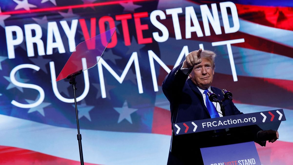 Former US President and Republican presidential candidate Donald Trump addresses the Pray Vote Stand Summit, organized by the Family Research Council in Washington.