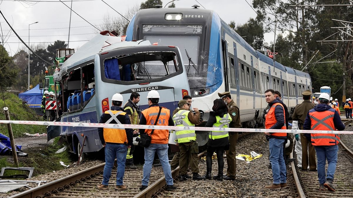 A view shows a train after crashing into a bus on a railway crossing which left several passengers dead, in San Pedro de la Paz area, Concepcion, Chile, September 1, 2023. 