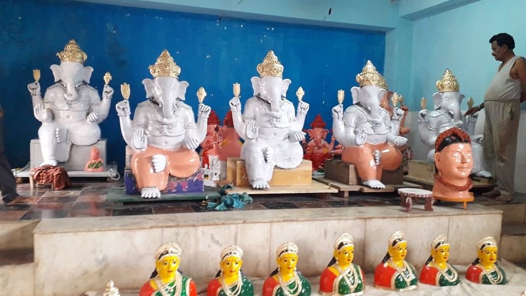 Gowri and Ganesha idols prepared for the festival.