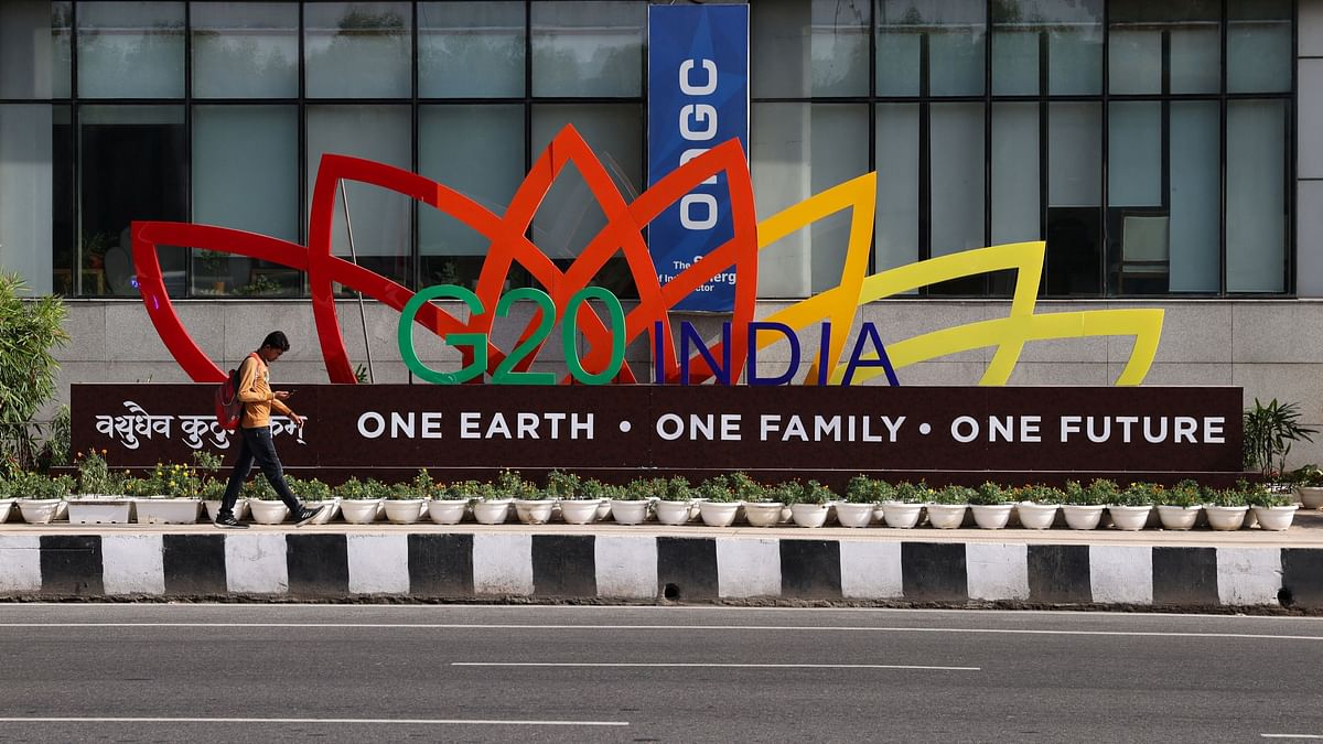 A model of the G20 logo outside a metro station ahead of the G20 Summit in New Delhi.