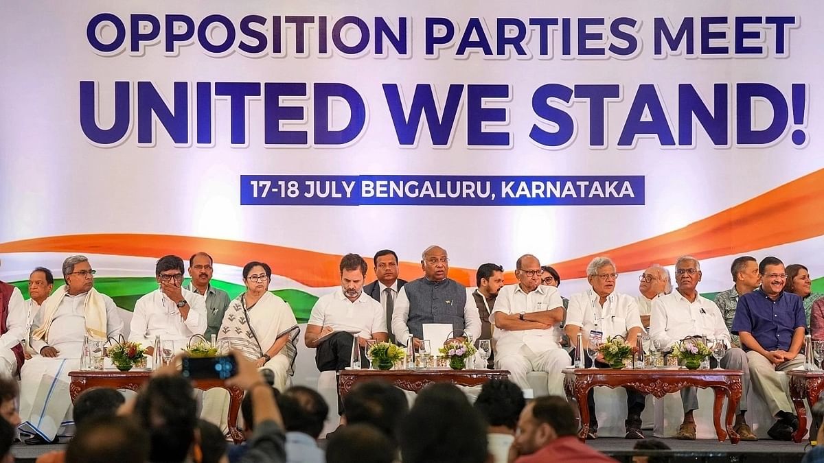 Opposition leaders at a press conference in Bengaluru on July 18, where the Opposition parties named their new alliance I.N.D.I.A. 