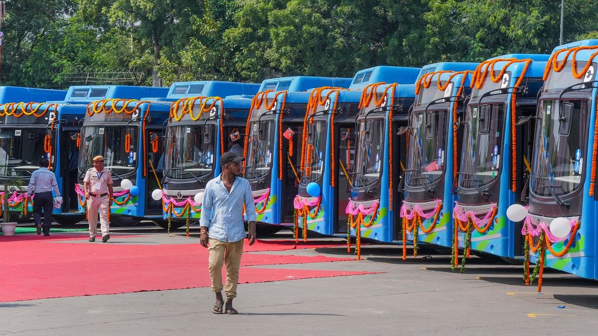 Electric buses during their flag-off ceremony, at IP Depot in New Delhi, Tuesday, Sept. 5, 2023. Delhi Lt. Governor VK Saxena and Chief Minister Arvind Kejriwal will flag off 400 new e-buses during the event.