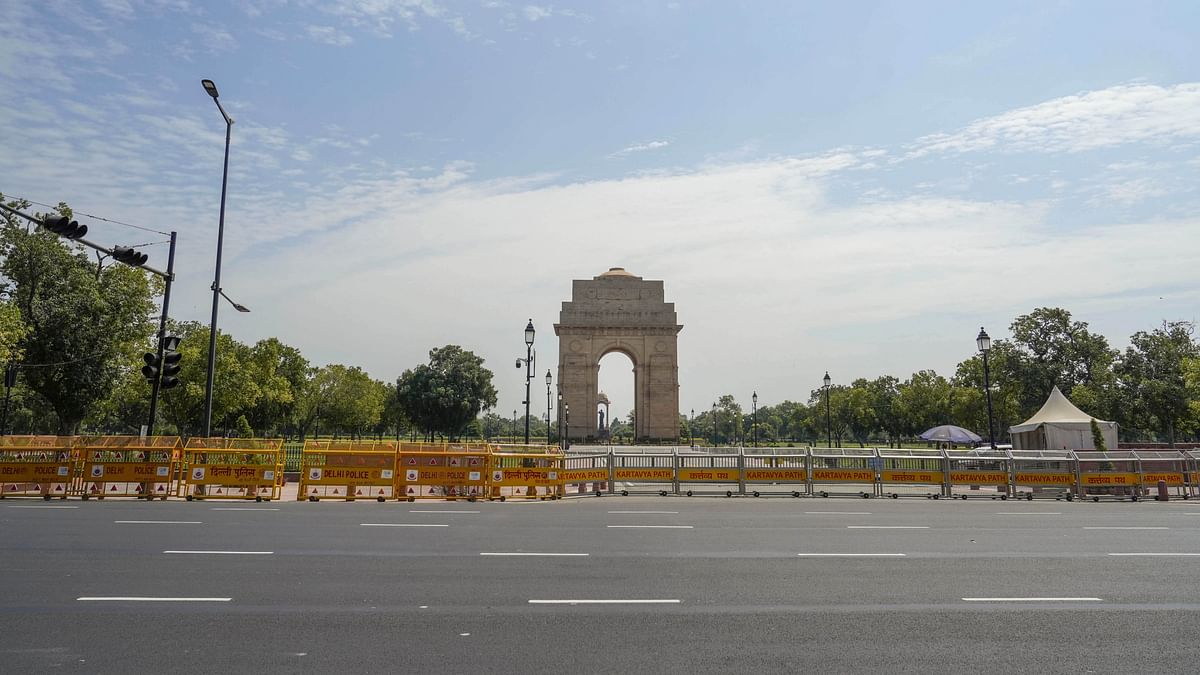 Police barricades put up near India Gate to regulate traffic movement ahead of the G20 Summit in New Delhi.