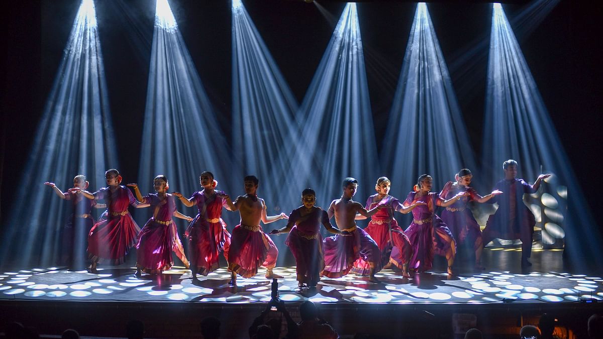 Artists during a classical dance performance at Ravindra Bharathi auditorium, in Hyderabad, Saturday, Sept. 2, 2023.