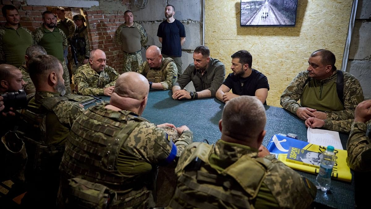 Ukraine's President Zelenskyy attends a meeting with commanders of Ukrainian Armed Forces brigades as he visits a frontline, amid Russia's attack on Ukraine, in Donetsk region, Ukraine September 4, 2023.