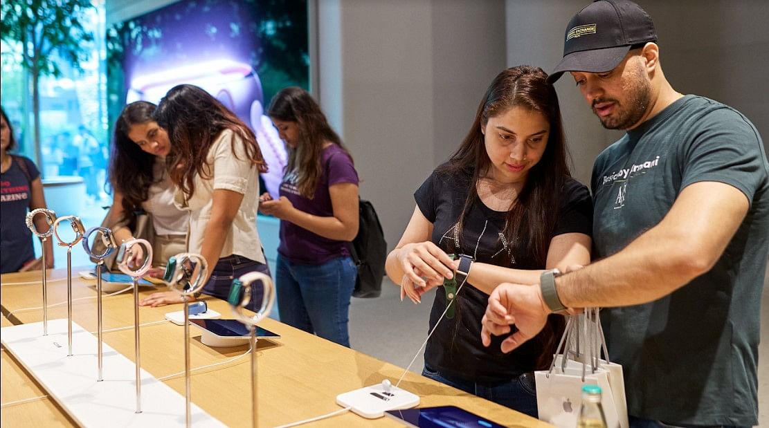 Customers checking out the latest Watch Series 9 at Apple BKC Store, Mumbai on September 22, 2023.