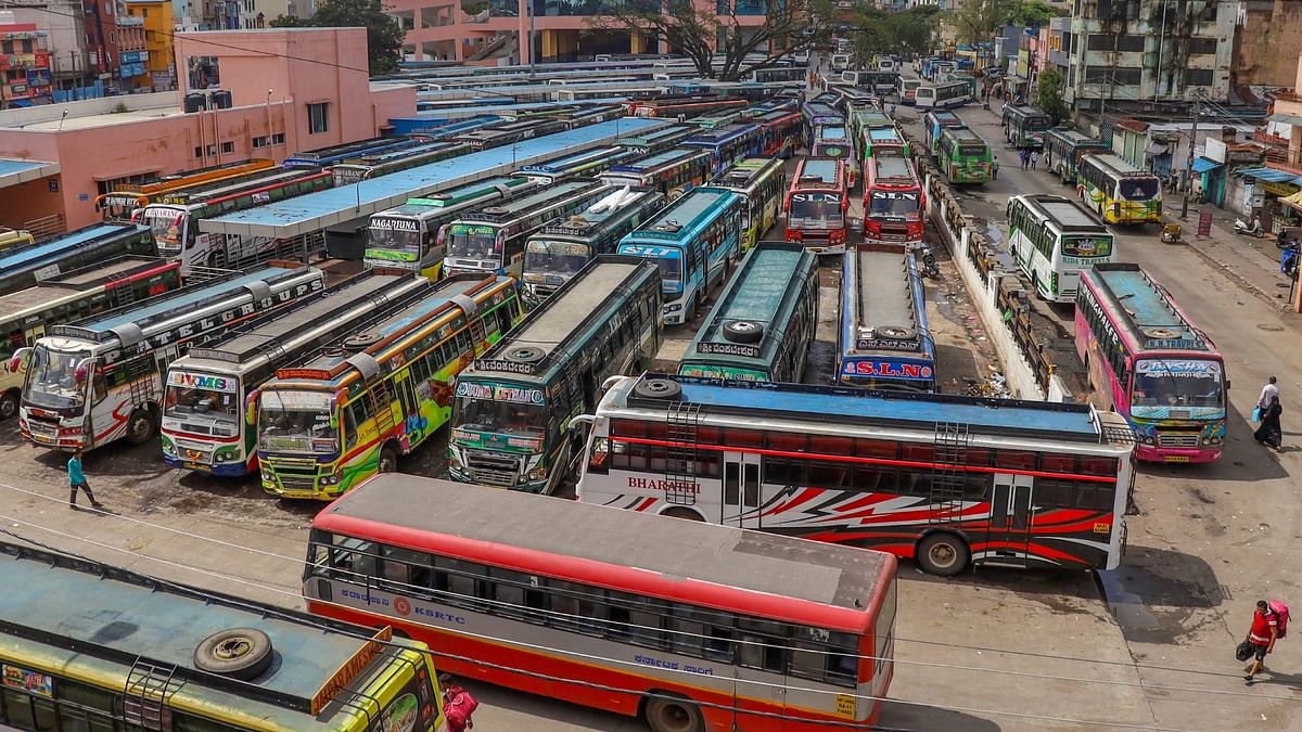 Buses stand parked at Kalasipalya bus stand during a 'bandh', in Bengaluru.