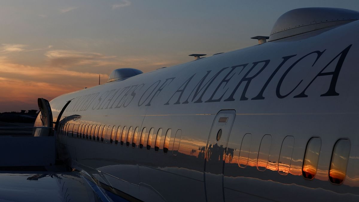 Sunset is seen reflected on Air Force One after U.S. President Joe Biden disembarked after arriving from a visit to areas affected by Hurricane Idalia in Florida, in Dover Air Force Base, in Dover, Delaware, U.S., September 2, 2023.
