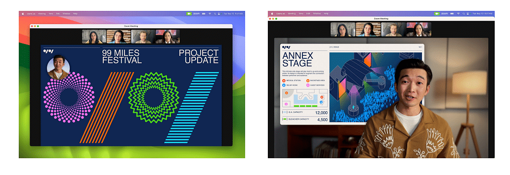 Once updated to the latest macOS 14, Mac devices will support small overlay (left) and large overlay (right) during video presentation.