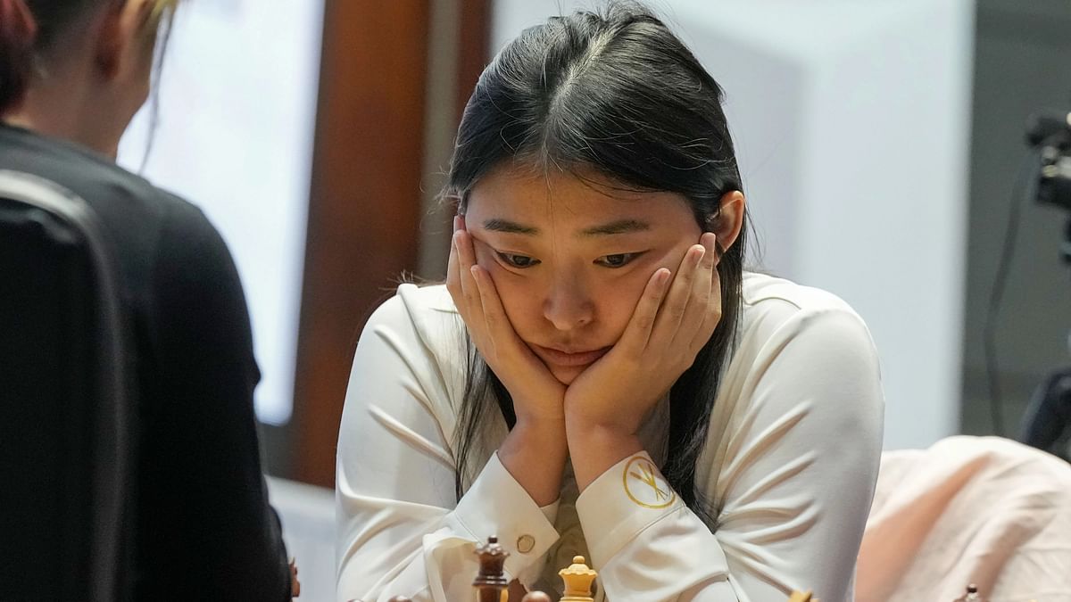 Women's World Chess Champion Wenjun Ju of China during her women's rapid event match against Polina Shuvalova of Russia at the Tata Steel Chess India Rapid &amp; Blitz tournament 2023, in Kolkata, Friday, Sept. 1, 2023. 
