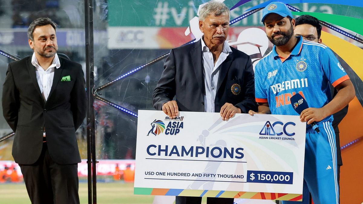 Team India captain  Rohit Sharma receives champions award during the presentation of the Final of the Asia Cup 2023 at the R Premadasa International Cricket Stadium, in Colombo, Sri Lanka.