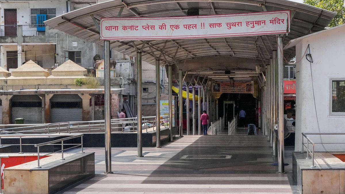 Hanuman Mandir premises at Connaught Place wears an almost deserted look due to tight security arrangements for the G20 Summit in New Delhi.