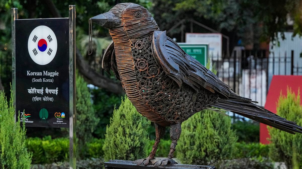 South Korea's national bird magpie sculpture, made from scrap metal, installed in preparations for the G20 Summit, at G20 Park, Chanakyapuri.