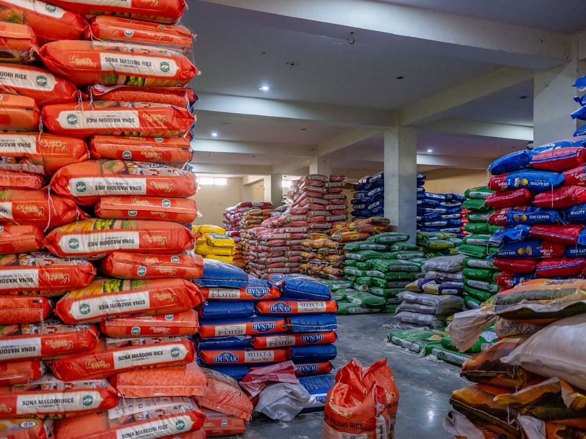 Bags of rice stacked in a warehouse in Gurgaon, India.