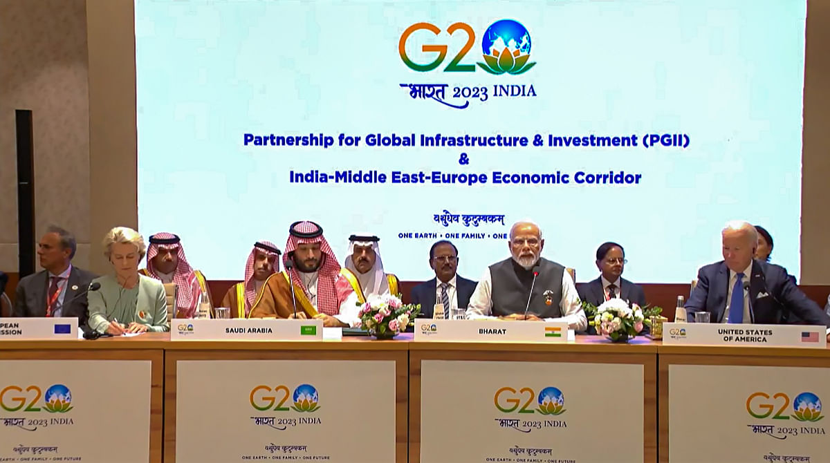 **EDS: IMAGE VIA @narendramodi** New Delhi: Prime Minister Narendra Modi with US President Joe Biden Crown Prince and Prime Minister of Saudi Arabia Mohammed bin Salman bin Abdulaziz Al Saud and President of European Commission Ursula von der Leyen at the Partnership for Global Infrastructure and Investment & India-Middle East-Europe Economics Corridor event during the G20 Summit 2023 in New Delhi Saturday Sep. 9 2023. (PTI Photo)(PTI09_09_2023_000399A)