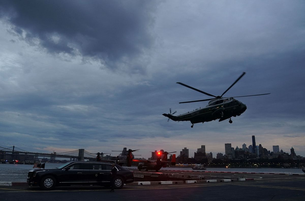 U.S. President Joe Biden lands in Marine One at the Wall St. landing zone in New York, U.S. September 17, 2023.