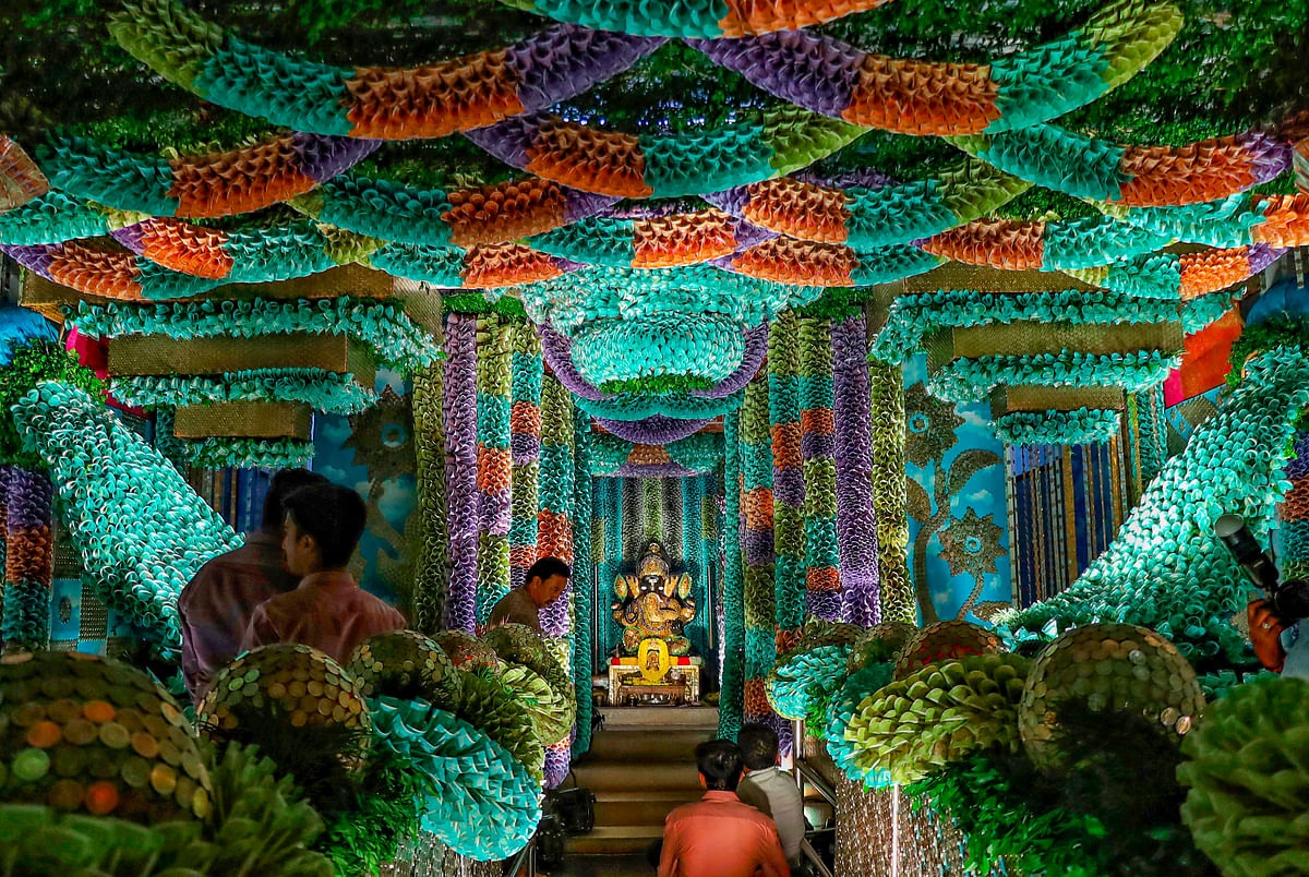 Sri Sathya Sai Ganapathy temple decorated with fifty lakhs coins and more than one crore currency notes on the occasion of Ganesha Chaturthi festival at J.P. Nagar, in Bengaluru, Monday, Sept. 18, 2023.