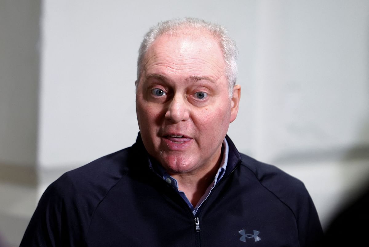 US House Majority Leader Steve Scalise , who is vying for the position of Speaker of the House, speaks to members of the media as he leaves a House Republican Conference meeting as Republicans work towards electing a new Speaker of the House on Capitol Hill in Washington.