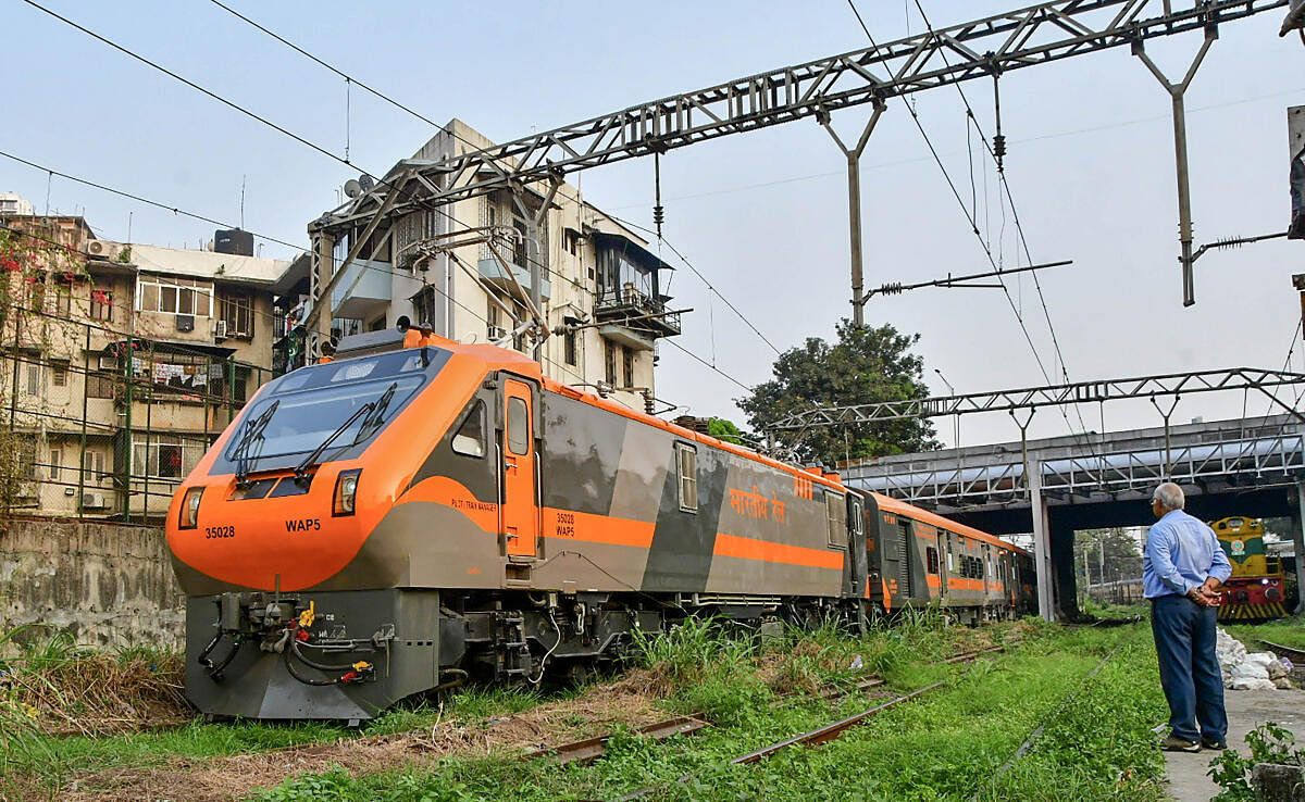 The first-ever “Vande Sadharan Express” train being stabled at the Wadibunder railway yard at Mazgaon for trials, in Mumbai.