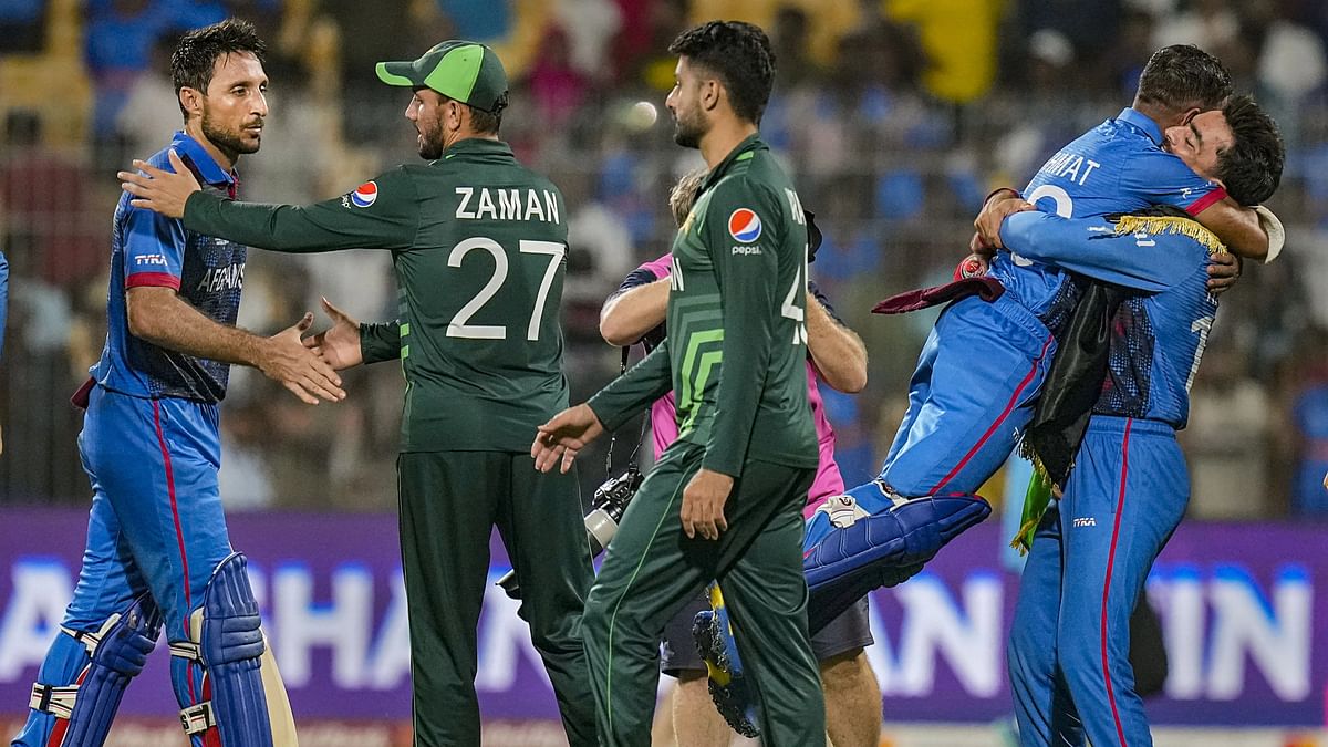 Chennai: Afghanistan's captain Hashmatullah Shahidi being lifted by Rashid Khan after they won the ICC Men's Cricket World Cup 2023 match against Pakistan, at MA Chidambaram Stadium in Chennai, Monday, Oct. 23, 2023. 