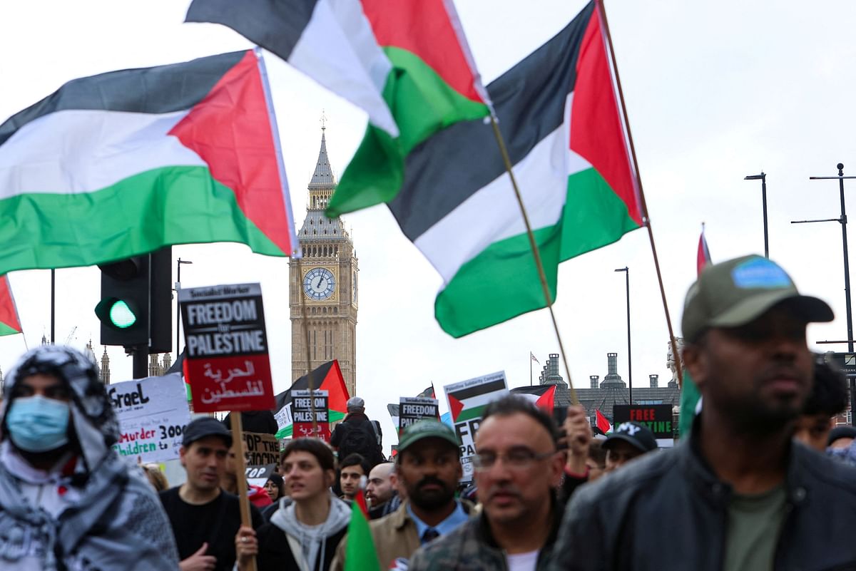 Demonstrators protest in solidarity with Palestinians in Gaza, amid the ongoing conflict between Israel and the Palestinian Islamist group Hamas, in London, Britain, October 28, 2023.