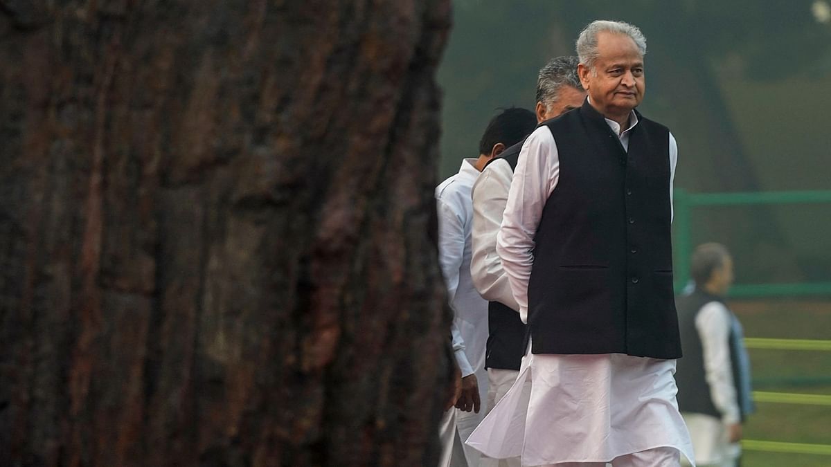 Rajasthan Chief Minister Ashok Gehlot arrives to pays his tributes to former Prime Minister Indira Gandhi on her death anniversary at Shakti Sthal in New Delhi.