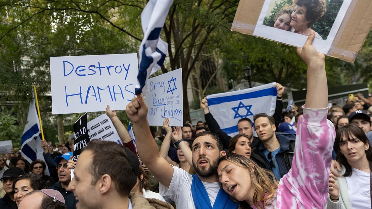 Pro-Israel demonstrators protest during the second day of the ongoing conflict between Israel and the Palestinian militant group Hamas, in Manhattan in New York City.