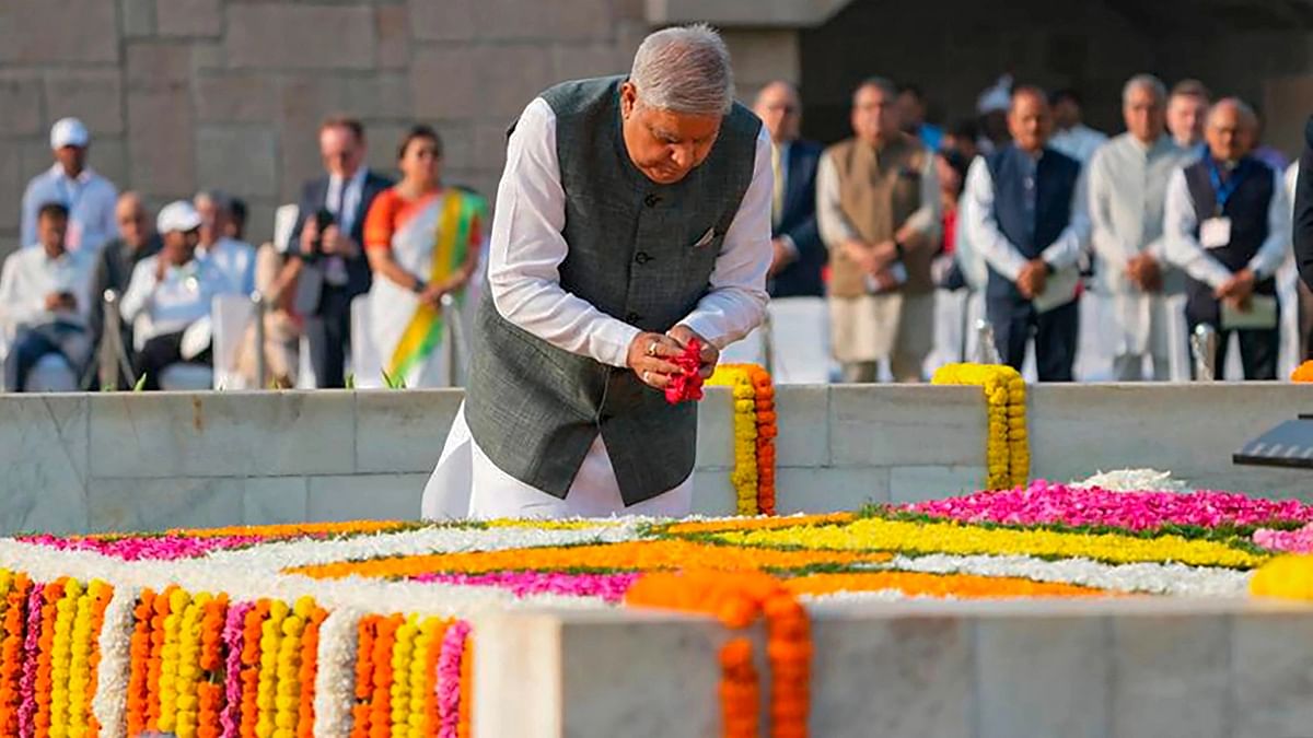 Vice President Jagdeep Dhankhar pays homage to Mahatma Gandhi on the occasion of his birth anniversary, at Rajghat in New Delhi.