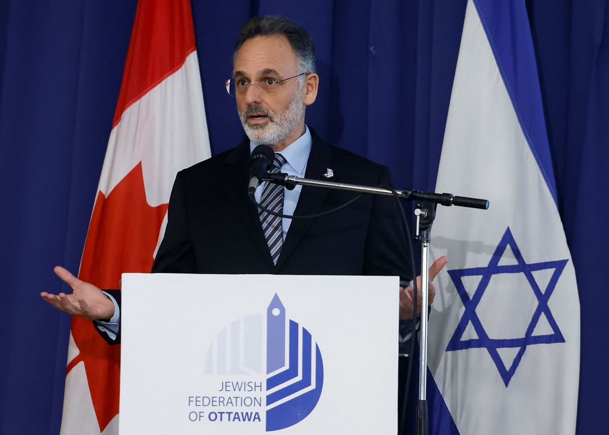 Israel's Ambassador-Designate to Canada, Iddo Moed, speaks during a pro-Israel rally at the Soloway Jewish Community Centre in Ottawa.