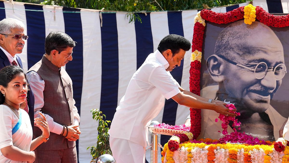 Tamil Nadu Chief Minister MK Stalin pays floral tribute to Mahatma Gandhi on his birth anniversary, in Chennai.