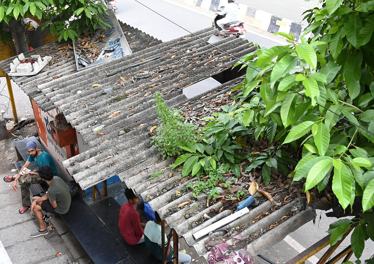 The roof of the bus shelter on the busy 80 feet road in Rajajinagar 6th Block is in a dilapidated condition. 