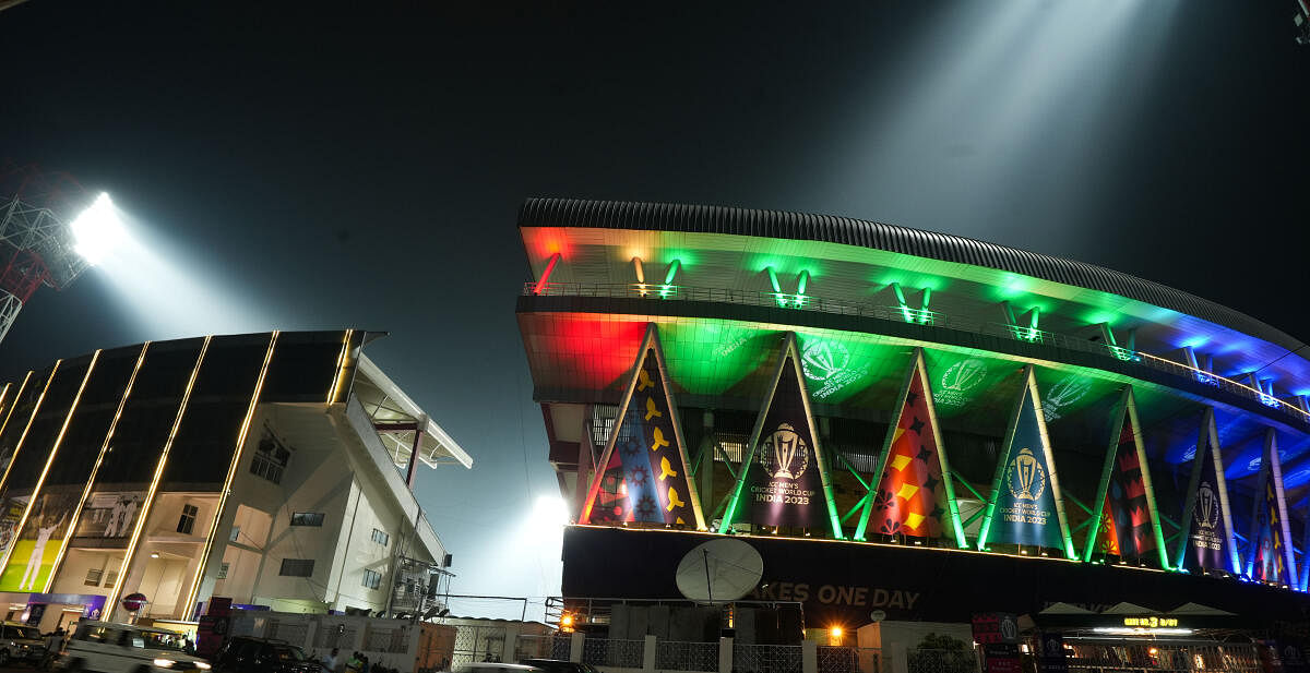 Eden Gardens illuminated with lights ahead of the ICC Men's Cricket World Cup 2023 match between India and South Africa, in Kolkata. 