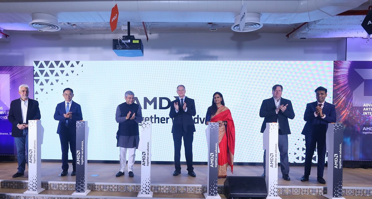 Union minister for electronics and information technology Ashwini Vaishnaw US Consulate General Christopher Hodges AMD CTO Mark Papermaster along with AMD India team at the inaugural event. 