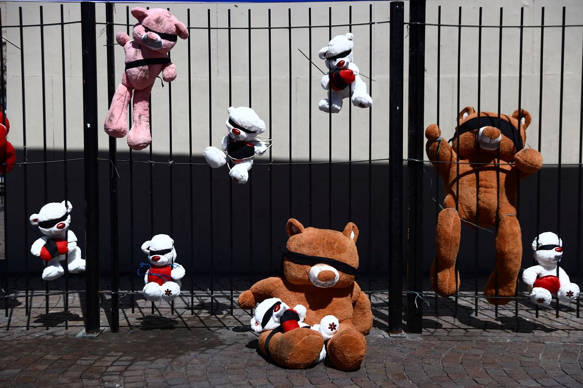 Teddy bears symbolising hostages and missing children are displayed one month on from the October 7th attack by the Palestinian Islamist group Hamas, at the Obelisk Monument, in Buenos Aires, Argentina November 7, 2023. 